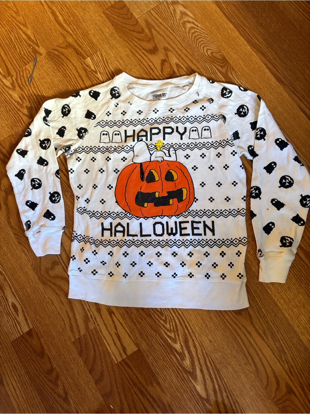 Peanuts White Long Sleeve Halloween Tee with Orange Pumpkin